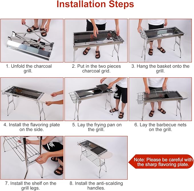 TeqHome Portable Charcoal Grill, Large Stainless Steel Folding BBQ Grill, Foldable Barbecue Grill with Storage Shelf for Camping BBQ Garden Backyard Party Picnic Outdoor Cooking Kabob, 39x13.4x28 inch