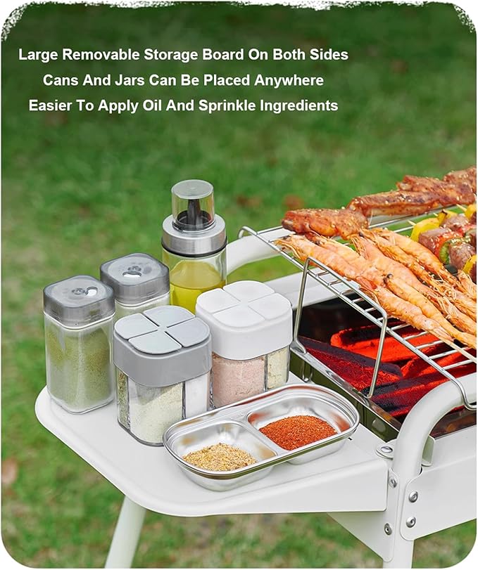 Portable Charcoal Grill Folding Stainless Steel Smoker BBQ Grill Adjustable Height Barbecue Grill with Removable Side Table for Outdoor Cooking Camping