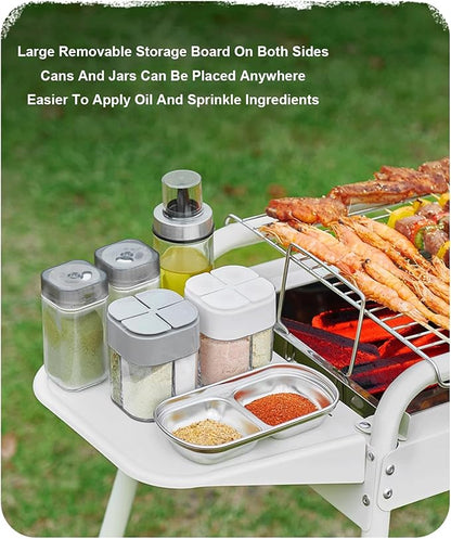 Portable Charcoal Grill Folding Stainless Steel Smoker BBQ Grill Adjustable Height Barbecue Grill with Removable Side Table for Outdoor Cooking Camping