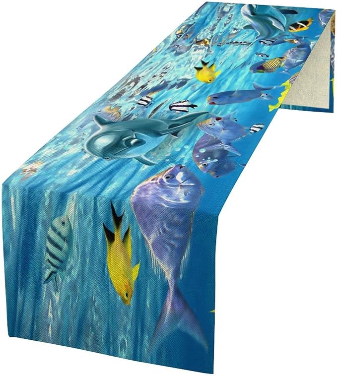 Under Sea World Table Runner, Ocean Underwater Tropical Animal Fish Dolphin Summer Pattern for Family Dinner Holiday Party Kitchen Vintage Nautical World Map Underwater Ocean Animals 13x36In