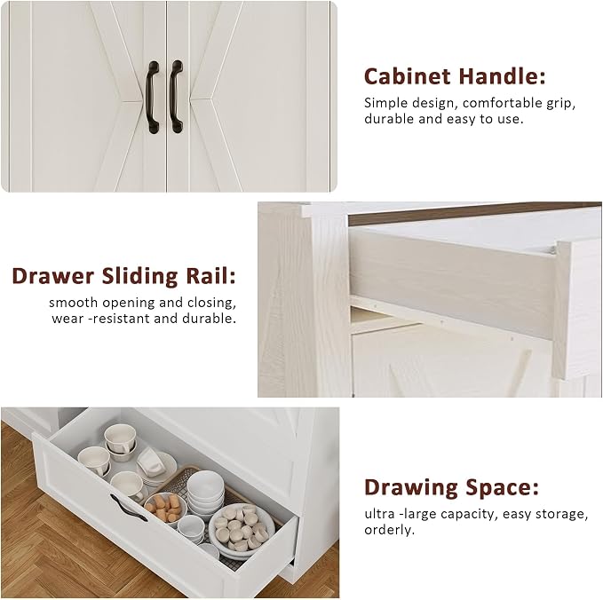 GarveeHome Kitchen Pantry Cabinet, Farmhouse Storage Cabinet with Barn Doors, Drawers and Adjustable Shelves, Versatile Storage for Kitchen, Dining Room, Rustic White
