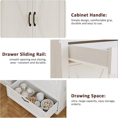 GarveeHome Kitchen Pantry Cabinet, Farmhouse Storage Cabinet with Barn Doors, Drawers and Adjustable Shelves, Versatile Storage for Kitchen, Dining Room, Rustic White