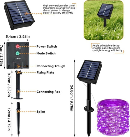 Solar String Lights Outdoor Waterproof 33ft 100LED 8 Modes Twinkle Lights Solar Fairy Lights for Patio, Garden Yard Party Wedding Tree Christmas Halloween Decoration, Purple