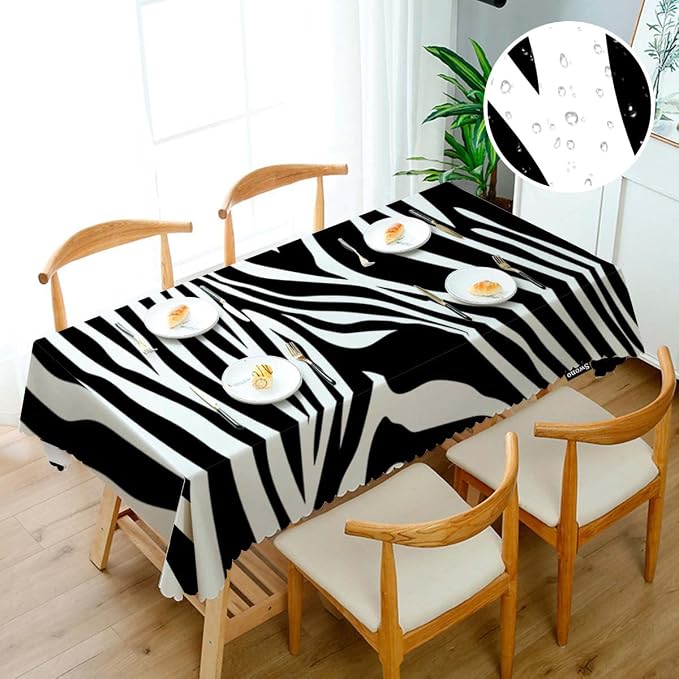 Swono Zebra Stripes 52"X70" Oblong Table Cloth Animal Skin Black and White Zebra Print Wrinkle Free Table Cover Farmhouse Tablecloth for Home Restaurant Picnic Indoor Outdoor Dining