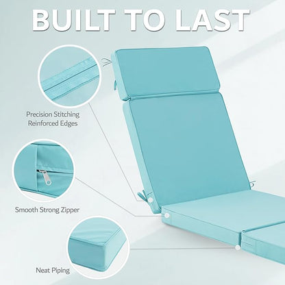 80 x 26 Inch Outdoor Chaise Lounge Cushions Set of 2 - Removable Cover, 4-Section Design, Water-Repellent & Fade-Resistant, 6 Tie Straps, Replacement for Patio & Pool Chairs - Light Blue
