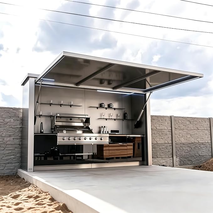Prefab Outdoor Kitchen Kits with Roof Storage, Modular Outdoor Kitchen Pod with Grill, Sink, Burners, Refrigerator, Patio Backyard Cooking Island Station