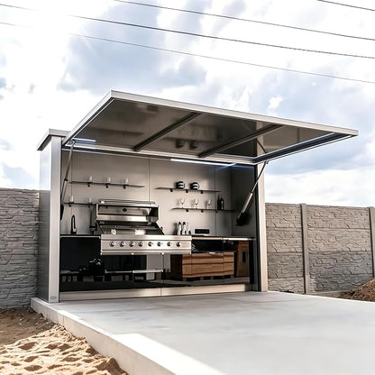 Prefab Outdoor Kitchen Kits with Roof Storage, Modular Outdoor Kitchen Pod with Grill, Sink, Burners, Refrigerator, Patio Backyard Cooking Island Station
