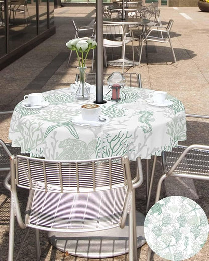 Sage Green Coastal Outdoor Tablecloth - 60 Inch Round Waterproof Dining Table Cover, Sea Turtle Nautical Coral Beach Starfish Outdoor Table Cloth with Umbrella Hole & Zipper for Picnic