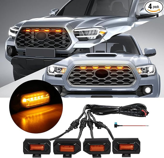 4 Pcs Grille Lights Compatible with Toyota Tacoma 2020 2021 2022 2023 TRD Off Road and Sport Models, OEM Style LED Front Grill Lights for Tacoma Accessories with Fuse & Harness (Amber)