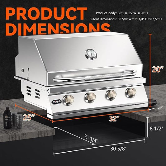 Hygrill STD Series 32-Inch Built In Grill, Stainless Steel 4-Burner Grill Head for Outdoor Kitchen, Liquid Propane
