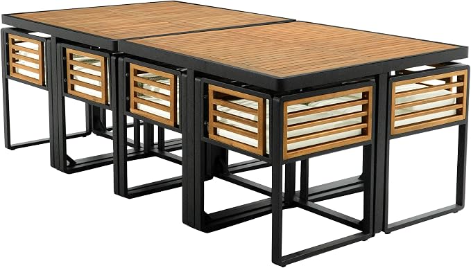Merax 18-Piece Patio Dining Set for 16 People, Acacia Wood Outdoor Furniture Sets with 2 Square Tables, 8 Cushioned Chairs and 8 Ottomans for Backyard,Garden,Lawn,Poolside, Space Saving Design, Beige