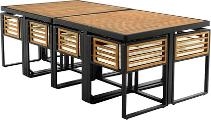 Merax 18-Piece Patio Dining Set for 16 People, Acacia Wood Outdoor Furniture Sets with 2 Square Tables, 8 Cushioned Chairs and 8 Ottomans for Backyard,Garden,Lawn,Poolside, Space Saving Design, Beige