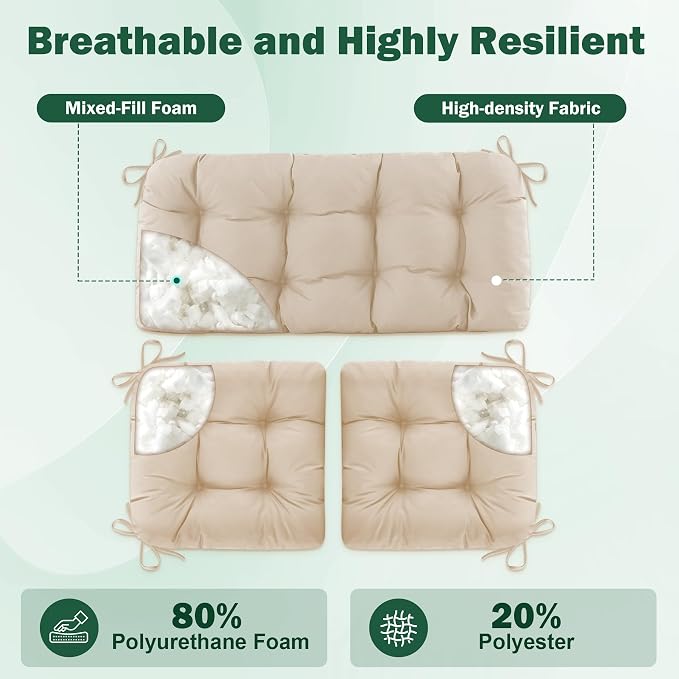 Outdoor Wicker Chair Cushions, 44×19×4 in, Waterproof, Beige | Waterproof Wicker Furniture Cushions, Fade Resistant, 3 Piece Patio Furniture Cushions Set for Bench, Loveseat, Swing, Settee