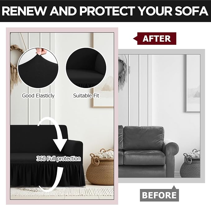 Fanfanwin 3 Pcs Sofa Slipcover Set for Couch Cushion Durable Washable High Elastic Stretchable Furniture Couch Covers with Skirt for Sofa Loveseat Arm Chair(Black,Milk Silk)