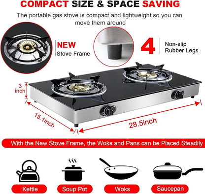 forimo Propane Gas Cooktop 2 Burners Gas Stove portable Tempered Glass Double Burners Stove Auto Ignition Camping Double Burner LPG for RV,Apartments,Outdoor