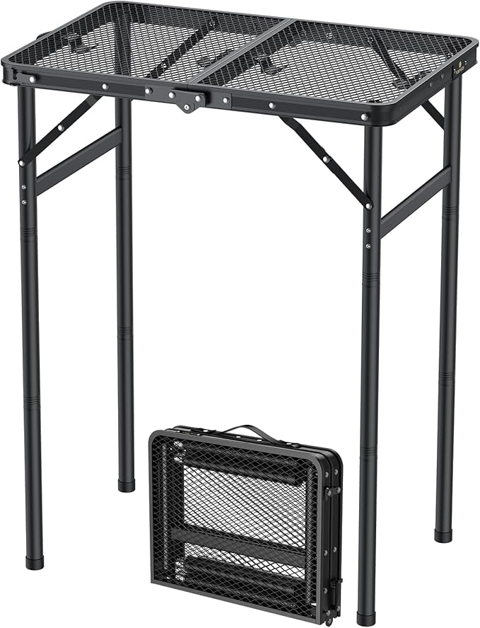 FUNYKICH Folding Grill Table for Outside(23''x16''), Max Height 29.4'' Portable Camping Tables(3 Adjustable Height), Lightweight Aluminum BBQ Table with Portable Handle for Camping, Picnic, BBQ, Black
