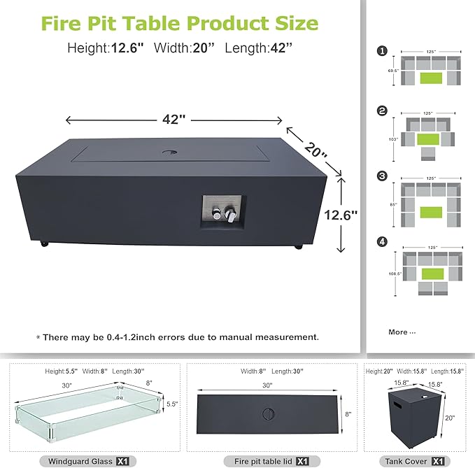 SUNPEAK 42" Propane Fire Pit Table with LED Light - 50,000 BTU with Wind Guard, Lid, Rocks and Cover - Propane Fireplace Table - Gas Fire Pits for Patio and Deck (Black/Golden Light, 42" LED)
