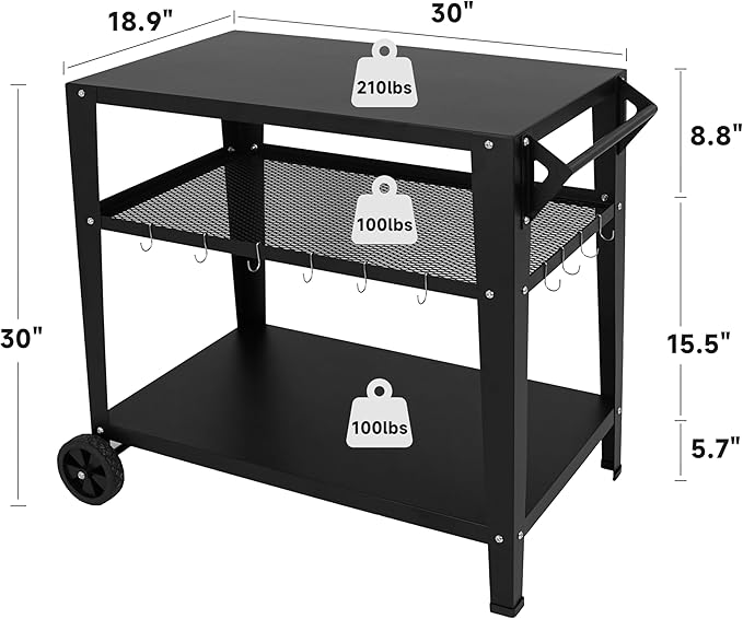 LEETOLLA Black Outdoor Grill Cart with Wheels, Heavy-Duty 3-Tier BBQ Prep Table for Pizza Oven, Griddle, Patio – Rustproof Commercial Kitchen Cart with Tool Hooks