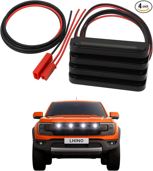 4pc White LED Front Grille Lights Compatible with 2022-2025 Ford Next-Gen Ranger Raptor Trucks, Smoked Lens, Seamlessly Integrates with AUX Switch (White, 4 LED)