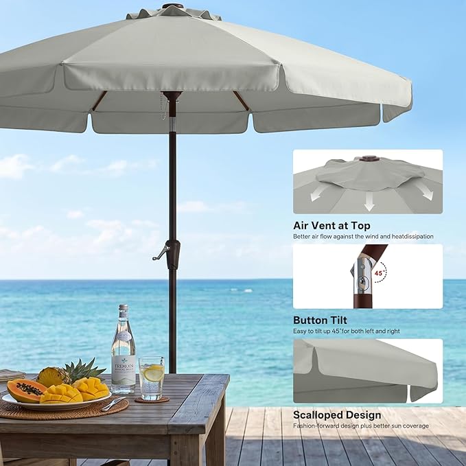 ABCCANOPY 10ft Scalloped Patio Umbrella, Outdoor Table Umbrella with Tilt and Crank, Fiberglass Ribs Deck Umbrella for Patio, Pool, Garden, Picnic (Light Gray)