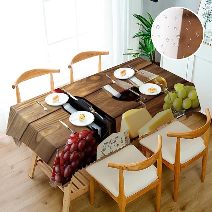 Swono Wine and Cheese Table Cloth Rectangle Tables Red Wine Bottle Glass Cheese Grapes On Wood Kitchen Table Cover Oblong 52"X70" Tablecloth for Dining Table Buffet Parties Patio and Camping