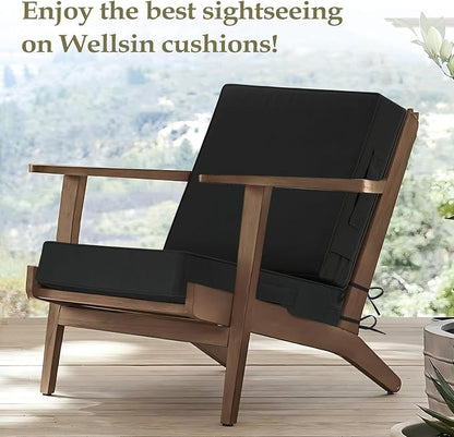 Wellsin Outdoor Deep Seat Patio Cushions, 24 x 24 Waterproof & 3-Year Fade Resistant Outdoor Cushions with Removable Covers,Ties and Handle for Chair, Sofa, Couch, Black