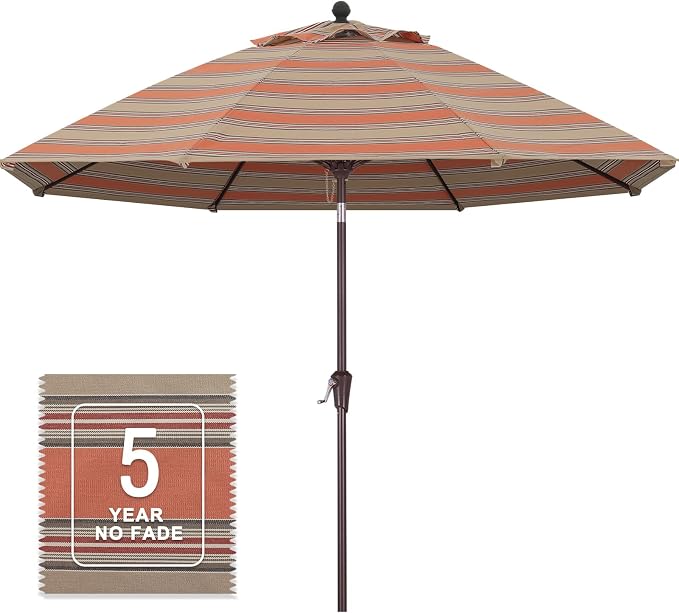 MASTERCANOPY 9ft Olefin 5-Year-Non-Fading Patio Umbrella Coffee & Orange | UV/Water/Fade-Resistant Canopy, Vented Top, 8 Fiberglass Ribs – Ideal For Deck, Yard, Market