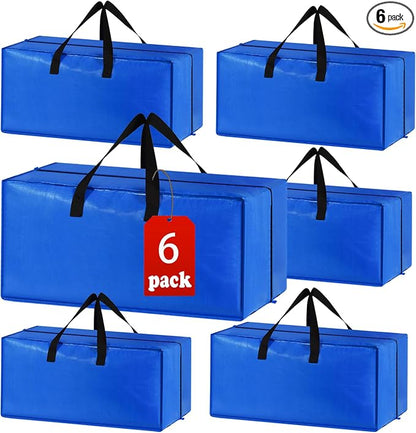Heavy Duty Extra Large Blue Moving Bags with Strong Zipper Backpack Handles | 6 Pack Clothes Storage Bags Totes Space Saving Moving Boxes Bins Packing Bags for College Dorm Compatible with Ikea Frakta