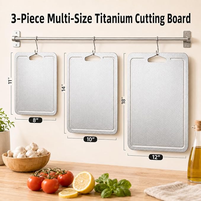3-Piece Titanium Cutting Board Set, Scratch-Resistant, Dishwasher Safe | 3-piece titanium cutting board set with juice grooves,non-slip mat,double-sided use,dishwasher-safe cleanup for kitchen & BBQ