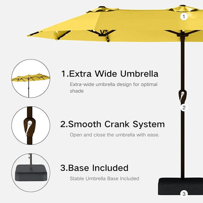 Kingdura 15ft Large Patio Umbrella with Solar Lights, Double-Sided Rectangle Lighted Outdoor Table Umbrella with Base Included, 12 Reinforced Ribs, 48 Led Lights, Crank Lift for Market Pool Deck Backyard, Yellow