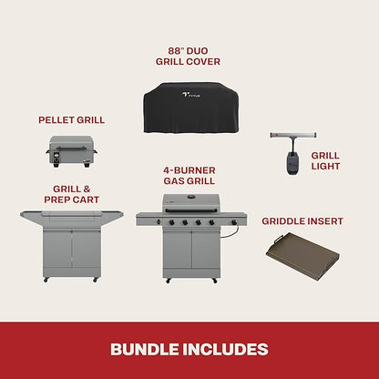 Tytus Anaheim 4-Burner Gas Grill with Prep Cart and Pellet Smoker Grill + Cover, Light, Griddle Insert - Modular Outdoor Kitchen, Quick Assembly, Outdoor Cooking, Kitchen Island for BBQ