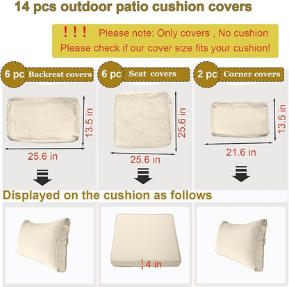 14 Piece Outdoor Patio Cushion Cover Replacement, Waterproof Patio Cushion Covers, Outdoor Furniture Cushion Covers Set for 6 Seat Wicker Rattan Sofa (Off-White)