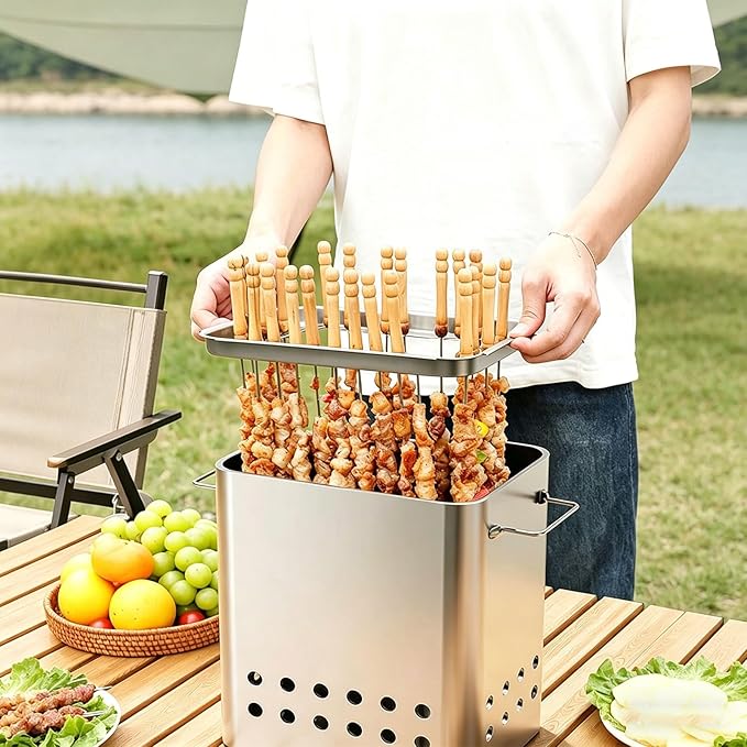 Vertical Charcoal BBQ Smoker 430 Stainless Steel Grill 360° Even Heating Oil and Fire Separation with A Variety of Accessories for Home Restaurants & Catering(C)