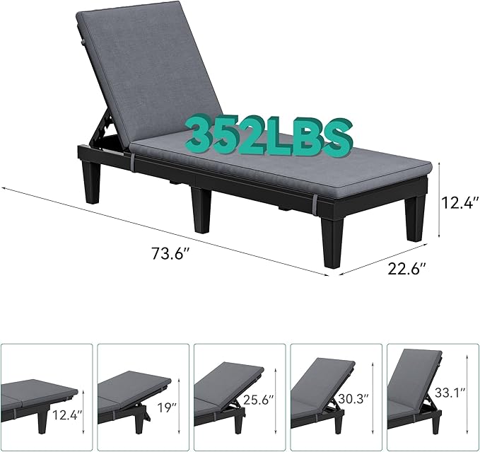 YITAHOME Outdoor Chaise Lounge Chair, Plastic Pool Chaise Lounge with Cushions & 5-Position Backrest, Easy Assembly & Waterproof for Patio & Poolside, Set of 2, Grey