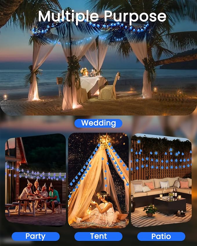 Solar String Lights Outdoor Waterproof 2 Pack 100 LED 64FT Patio Lights | Blue Crystal Globe, 8 Lighting Modes, Auto On/Off, Solar Powered String Light for Outside Yard Wedding Party Tree Decorations