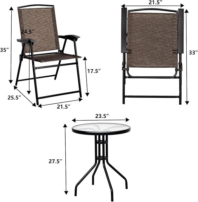 Tangkula 3 Pieces Patio Bistro Set, Outdoor Folding Chairs & Table Set with Tempered Glass Tabletop, Round Table & 2 Foldable Chairs, Small Outdoor Furniture Set for Garden, Poolside & Backyard