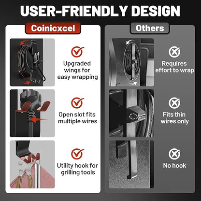 All-Metal Magnetic Power Cord Organizer with Strong Magnet, Coinicxcel Cable Holder for Most Wood Pellet Grill Smoker with Open Plug Slot & Hook, Suit for Traeger Grill Accessories, BBQ Accessories