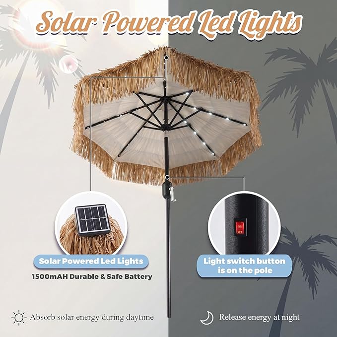 CroBlissful 7.5 ft Solar Tiki Umbrella with 32 LED Lights, Hula Thatched Patio Umbrella, UPF 50+, Hawaiian Style Beach Parasol for Garden, Beach, Pool, and Backyard