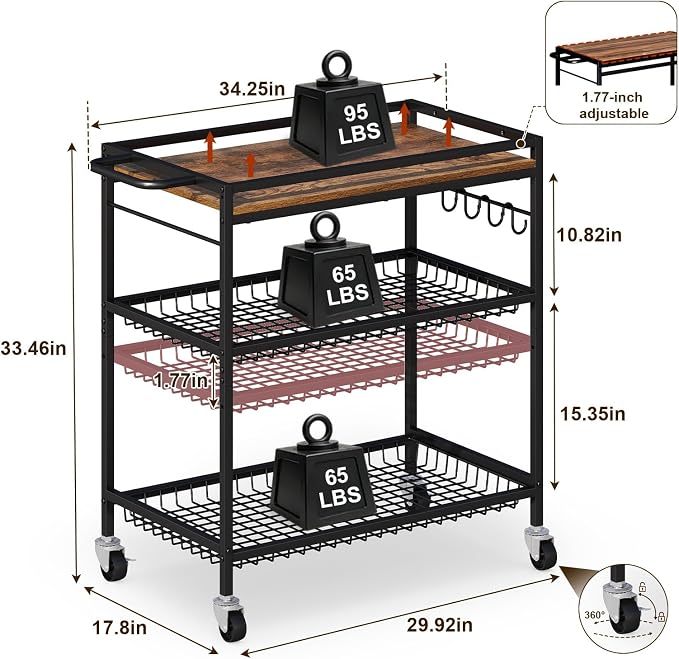 Microwave Kitchen Cart – 3 Tier Rolling Kitchen Utility Cart for Microwave Table Stand, Coffee Cart, Bar Cart, Kitchen Appliance Storage with Adjustable Shelf & Lockable Wheels, 34.25" L x 33.46" H