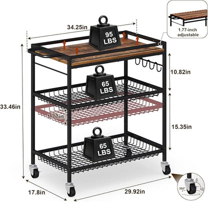 Microwave Kitchen Cart – 3 Tier Rolling Kitchen Utility Cart for Microwave Table Stand, Coffee Cart, Bar Cart, Kitchen Appliance Storage with Adjustable Shelf & Lockable Wheels, 34.25" L x 33.46" H