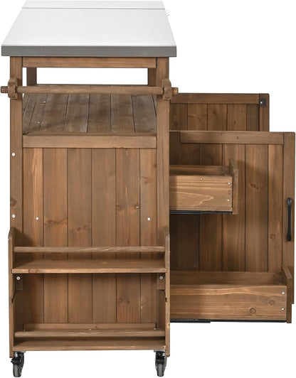 Christopher Knight Home Edsel Outdoor Bar Cart with Stainless Steel Top and Lockable Wheels, Solid Wood Outdoor Storage Cabinet, Kitchen Island Serving Cart for Poolside, Garden, Natural Brown+Silver