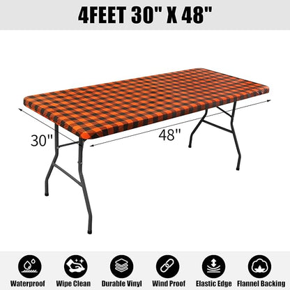 Smiry Rectangle Picnic Table Cloth, Elastic Waterproof Fitted Vinyl Tablecloths, Flannel Backed Buffalo Plaid Table Covers for Dining, Camping, Outdoor (Black and Orange, 30" x 48")