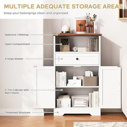Floor Cabinet, Farmhouse Storage Cabinet with Barn Doors and Drawer, Freestanding Adjustable Shelf Organizer for Bathroom, Kitchen, Living Room White