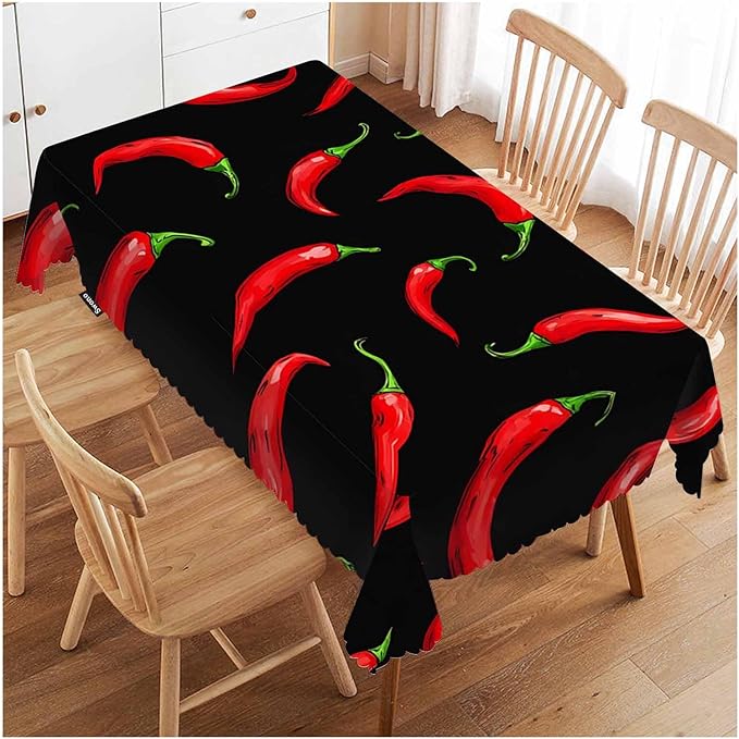 Swono Chili Pepper 52"X70" Oblong Table Cloth Red Hot Chili Pepper On Black Wrinkle Free Table Cover Farmhouse Tablecloth for Home Restaurant Picnic Indoor Outdoor Dining, 4-6 Seats