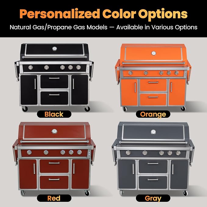 49" Red Stainless Steel Grill, 4 Burners & Infrared Burner, Natural Gas | 304 stainless steel 99,000 BTU Dual-lined hood Easy ignition Warming rack Storage drawers Gliding wheels