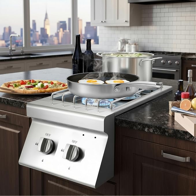 15,000 BTU Outdoor Grill Side Burner, Convertible Natural Gas or Propane, 304 Stainless Steel Built-in Cooktop for BBQ Island & Outdoor Kitchen (Double 15,000BTU)