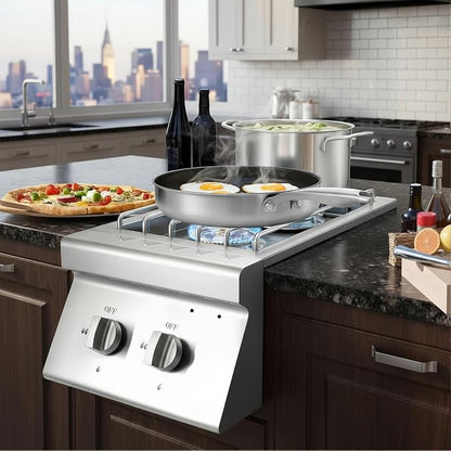 15,000 BTU Outdoor Grill Side Burner, Convertible Natural Gas or Propane, 304 Stainless Steel Built-in Cooktop for BBQ Island & Outdoor Kitchen (Double 15,000BTU)