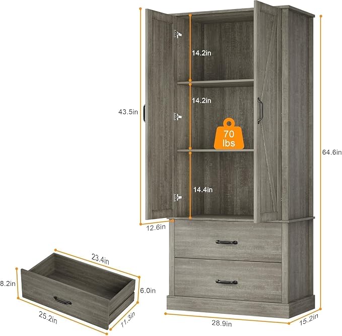 GarveeHome Kitchen Pantry Cabinet, Farmhouse Storage Cabinet with Barn Doors, Drawers and Adjustable Shelves, Versatile Storage for Kitchen, Dining Room, Grey