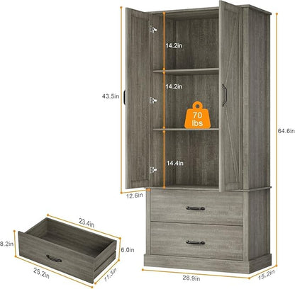 GarveeHome Kitchen Pantry Cabinet, Farmhouse Storage Cabinet with Barn Doors, Drawers and Adjustable Shelves, Versatile Storage for Kitchen, Dining Room, Grey