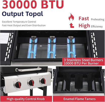 3-Burner Propane Gas Grill with Cast Iron Grate, 30,000 BTU Output & 252 Sq. Inch Cooking Space, Easy-Clean System & Foldable Side Tables for Outdoor BBQ (3-Burner)
